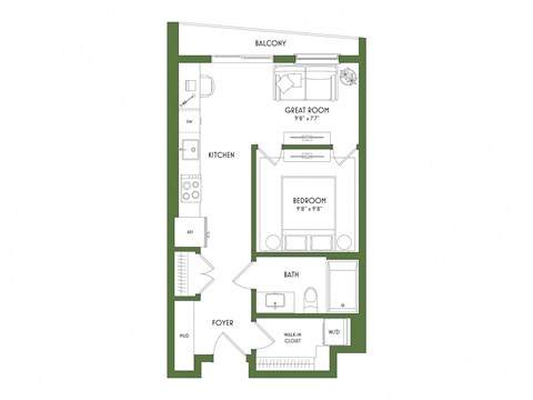 A floor plan of a house with a balcony, great room, kitchen, bedroom, bath, foyer, and walk-in closet.
